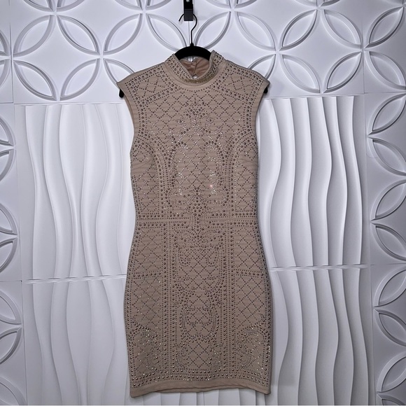 Hot Miami Styles Embellished Mini Dress with Gold Studs and Iridescent Stones - Picture 2 of 7